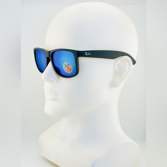 Ray-Ban Justin Sunglasses RB4165 Matte Rubber Black Frame Blue Mirror Lenses - Picture 5 of 15